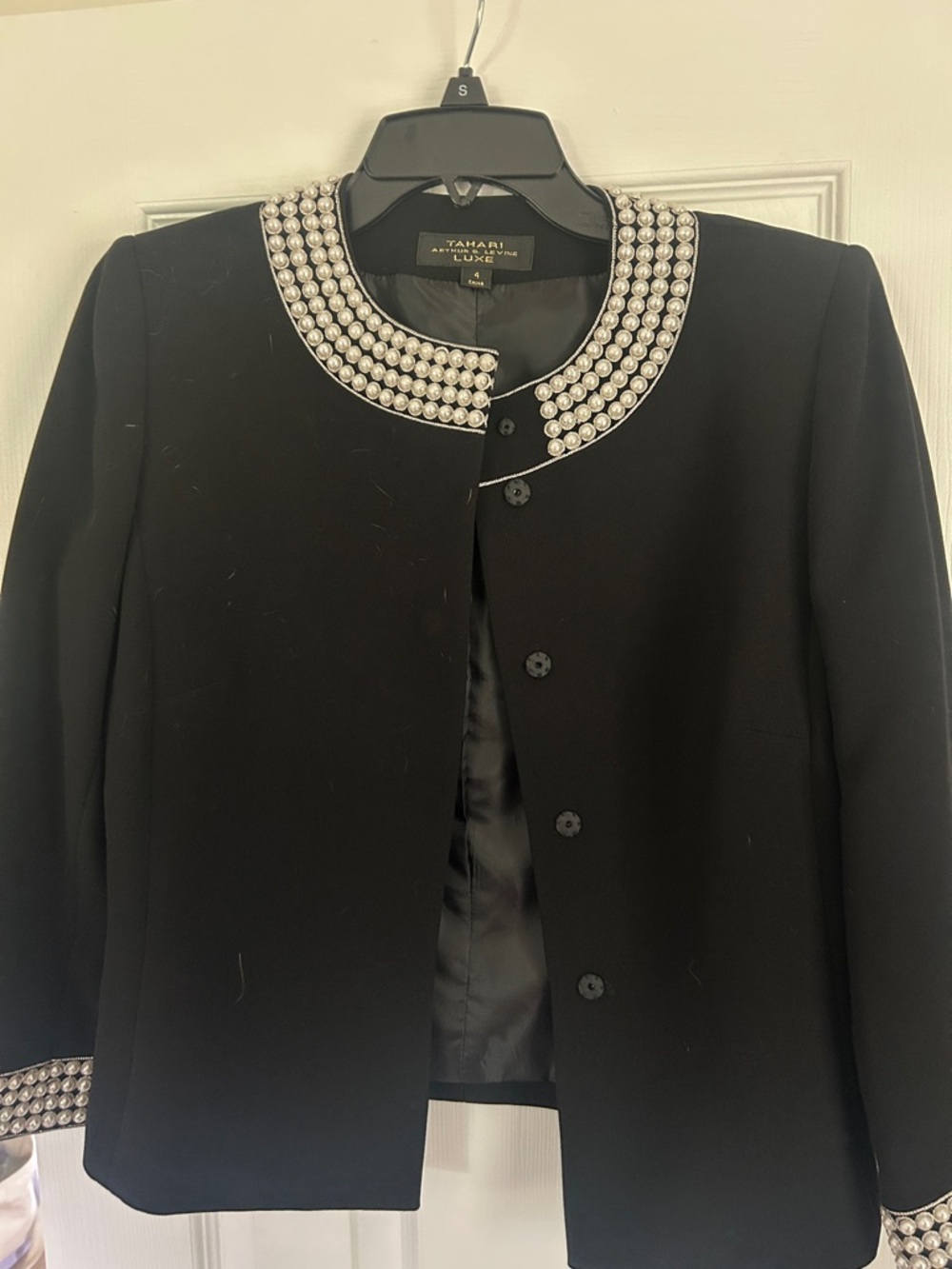 Tahari Black Collar & Cuff Pearl-Embellished Jacket